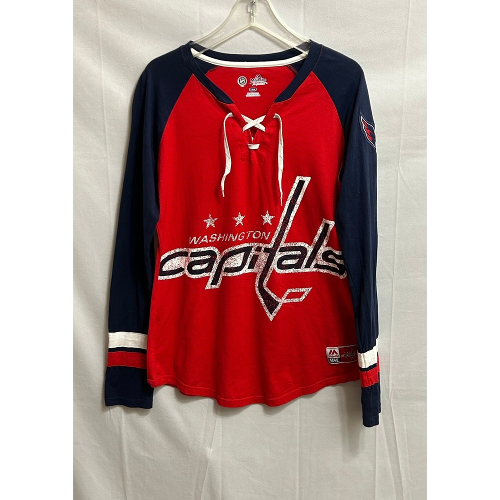 Majestic NHL Washington Capitals Lace Up Long Sleeve Raglan Shirt Red Womens L